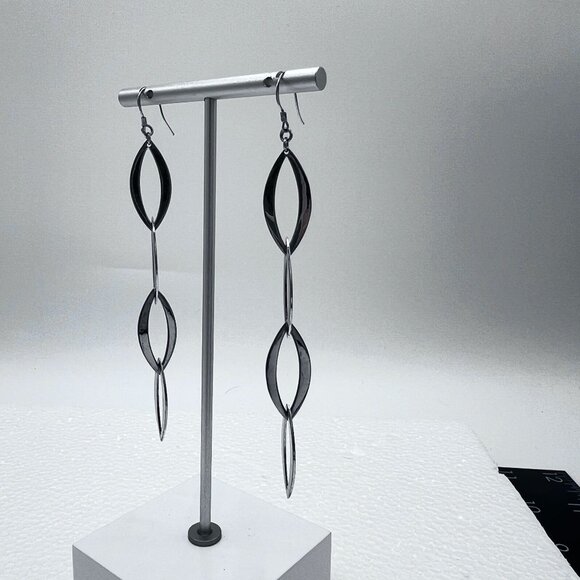 Silver Dangle Drop Earrings 4.25" Long Chain Open Marquise Links Marked 925 - Picture 7 of 9